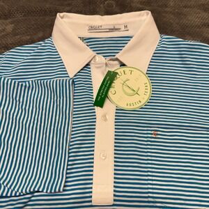 NWT Criquet Mens Players Shirt Blue White Striped Pima Cotton Stretch Polo L